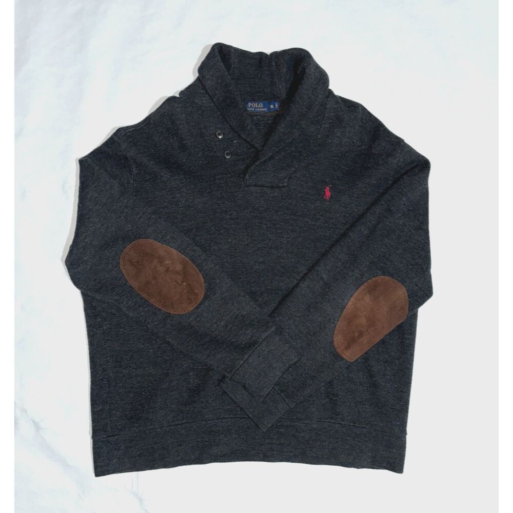 Polo Ralph Lauren Quarter Zip Pullover Charcoal Elbow Patches Red Logo XL